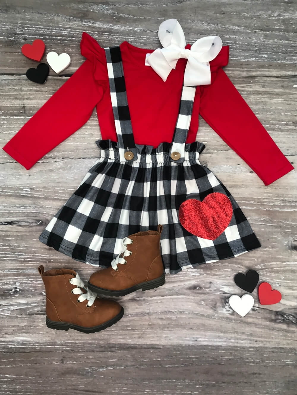 red suspender outfit