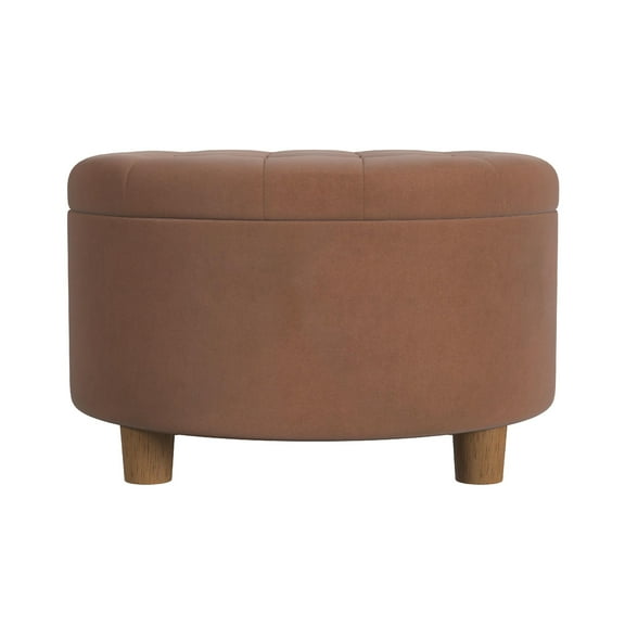 Jo Storage Ottoman, 28 Inch Round Tufted Lift Top, Spice Brown Velvet