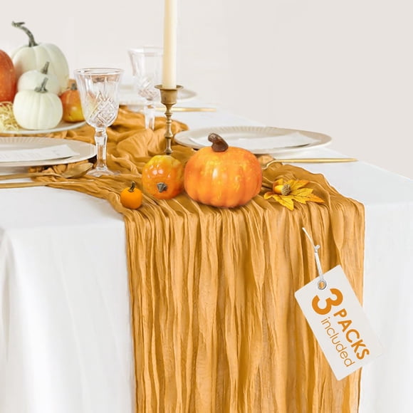 3 Pack Gold Cheesecloth Table Runner Fall Thanksgiving 90x305 cm Yellow Cheese Cloth Runner 10FT Boho Rustic Gauze Table Runner for Wedding Baby Shower Birthday Party Decor