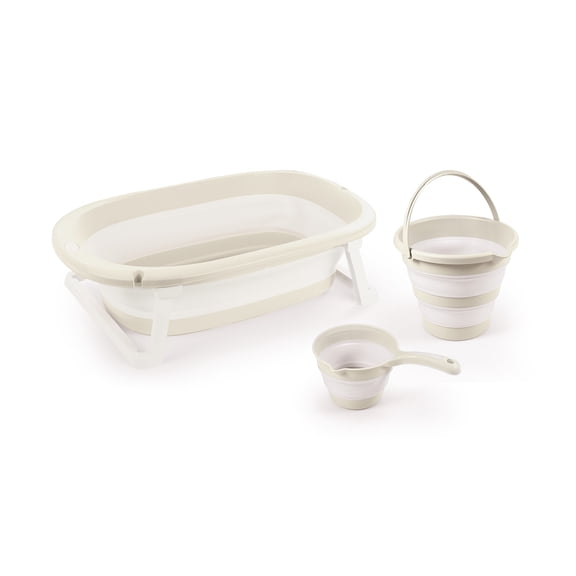 Dolu Nuve 3-Piece Foldable Baby Bath Set, Infant Tub with Bucket and Rinse Cup, Beige