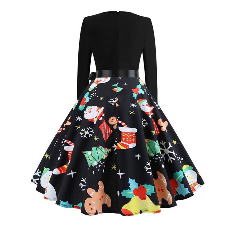 Winter Christmas Dresses Women Vintage Robe Swing Pinup Elegant Party Dress Long Sleeve Casual Print Black Walmart