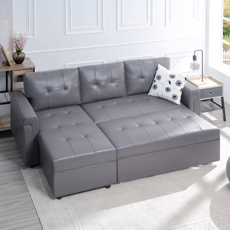 78 in. W Convertible Sleeper Sectional Sofa, L Shaped Couch for Small Space Living Room, Storage Chaise, L Shaped Pull Out Sofa - Gray,Air Leather