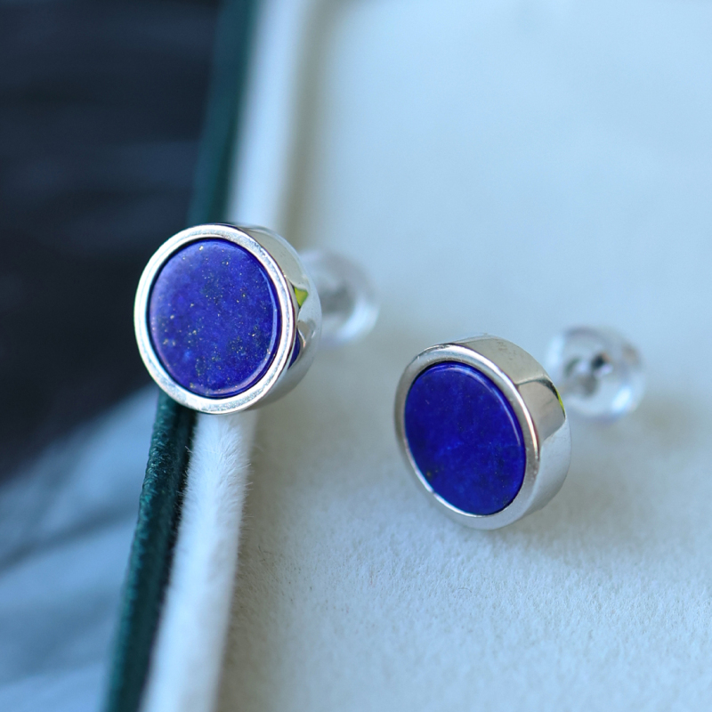 White Gold Plated Lapis Lazuli Stud Earrings – Round Natural Blue Gemstone, Hypoallergenic Minimalist Geometric Jewelry for Women & Men with RTT Jewelry Box