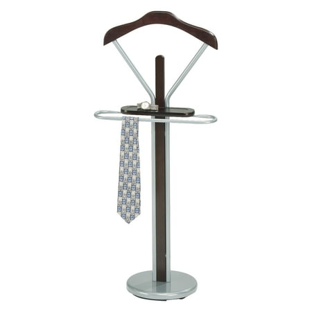Wood Valet - Frewyn Chrome Metal & Walnut Wood Transitional Cloth, Coat, Suit & Hat Valet Stand Organizer Rack