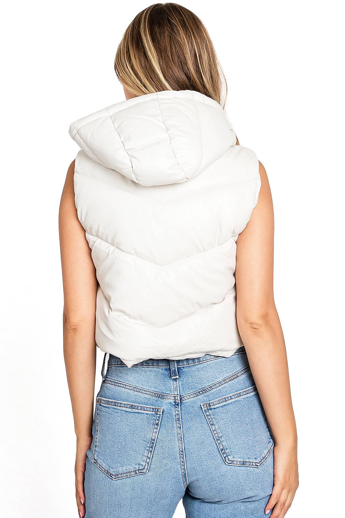 Love Tree Women's Juniors Hooded Faux Leather Puffer Vest (Large, Off White) - image 3 of 4