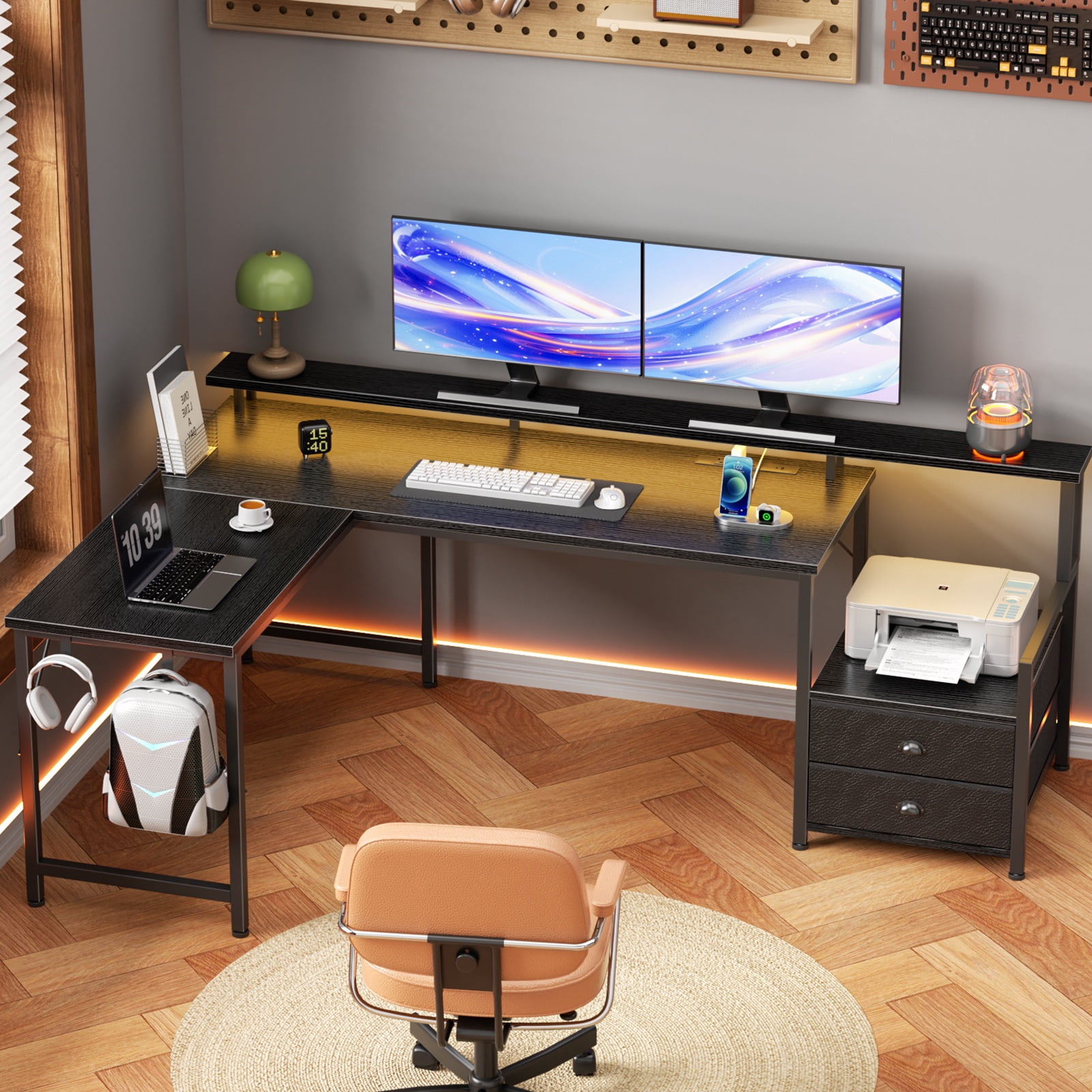 Satifur 66" L-Shaped Gaming Desk with LED Lights & Power Outlets, Computer Desk with Drawers & Printer Stand, Black