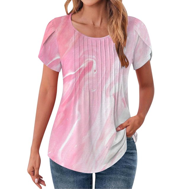 Outfmvch Chemises à Manches Courtes pour Femmes, Hauts Froncés pour Femmes, Hauts Roses pour Femmes, Hauts pour Tunique Plissée Col Rond Blouses T-Shirts Graphiques, Hauts Col Cowlin pour Femmes, T-Shirts Graphiques pour Femmes Rose 3TG