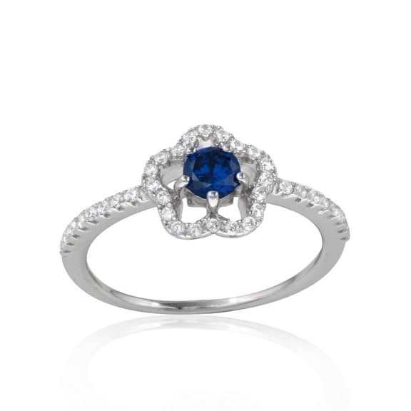 Rhodium Plated 925 Sterling Silver Flower Ring Blue & Clear CZ Band Jewelry Female Size 9