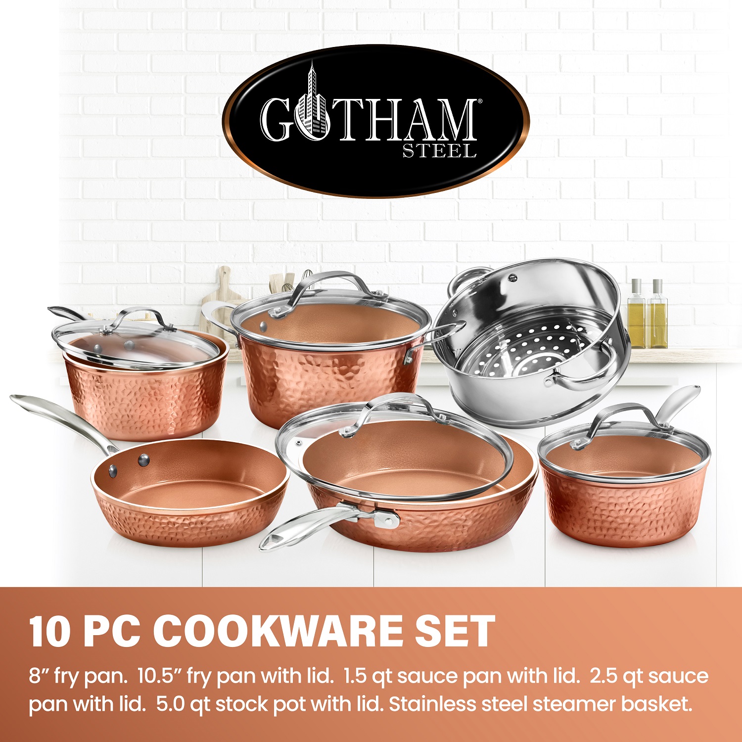 Gotham Steel Hammered 10 Piece Cookware Set, Oven Safe, Dishwasher Safe - Elegant Pots & Pans - image 3 of 9