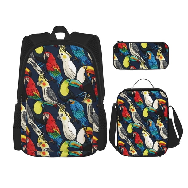 Easygdp Parrot Mochila para Niños y Niñas con Set de Caja de Almuerzo y Estuche para Lápices 3 en 1, Mochila Escolar Estampada para Adolescentes