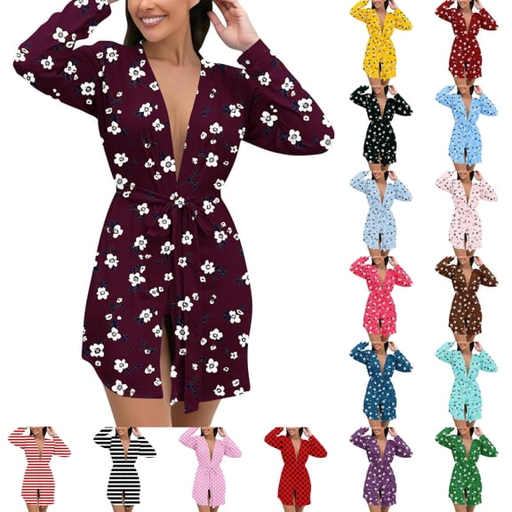 Asxite Womens Pajamas Solid Floral Print Satin Drawstring Waist Robe Casual Wear Outside