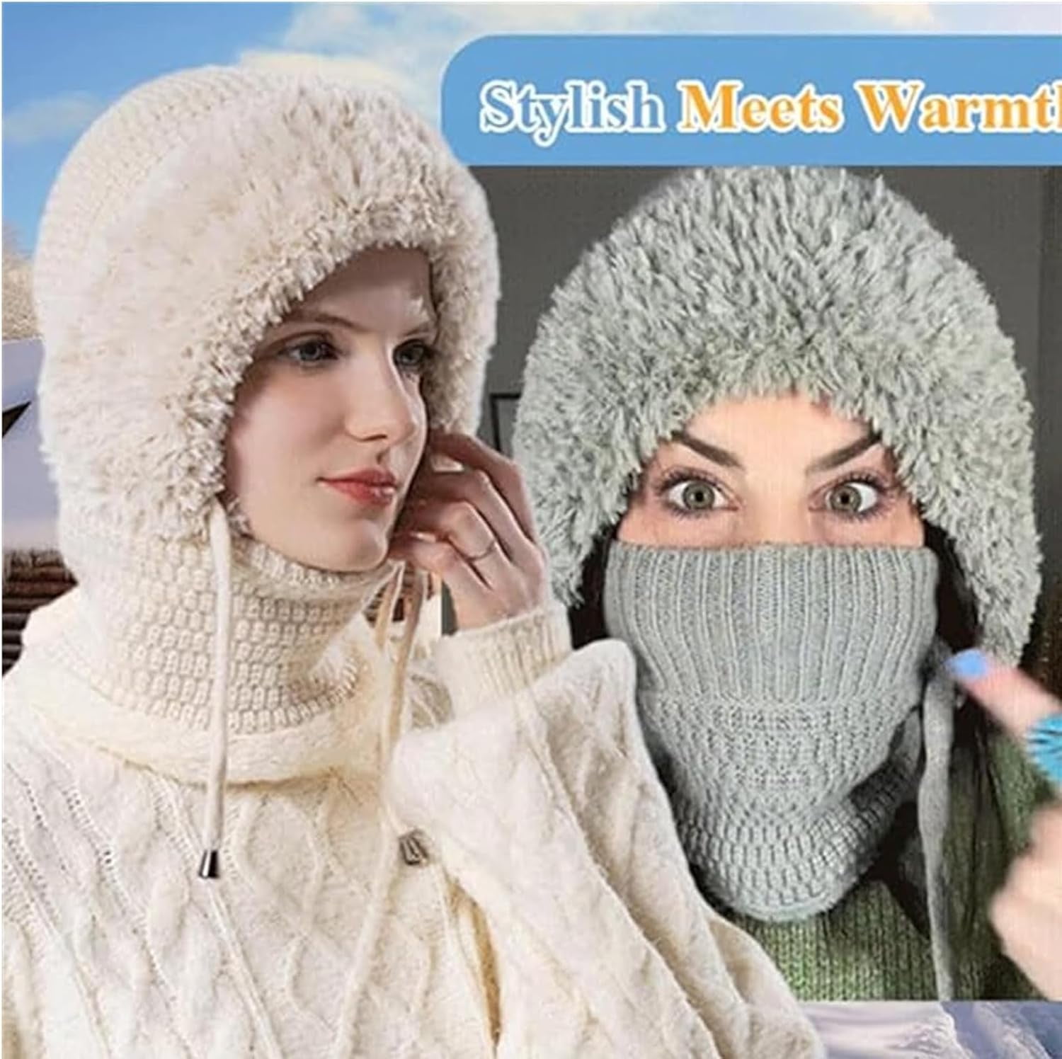 Choosemuc Hat, Women's Outdoors Windproof Scarf Hat, 3-in-1 Winter Balaclava for Women, Knitted Ski Scarf and Mask Set Khaki