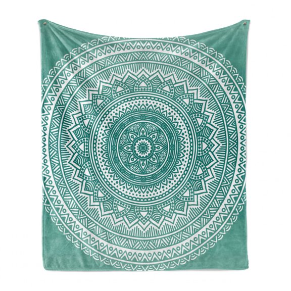 Teal Ombre Soft Flannel Fleece Throw Blanket, Mandala Pattern Boho Style Floral Dots and Stripes with Petals Print, Cozy Plush for Indoor and Outdoor Use, 50" x 70", Teal and White, by Ambesonne
