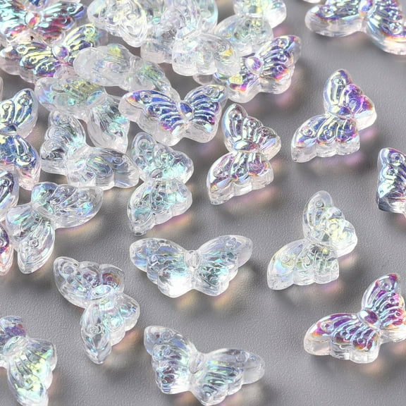 Transparent Glass Beads with Glitter Powder AB Color Plated Butterfly Clear AB 8x15x4.5mm Hole: 1mm DIY