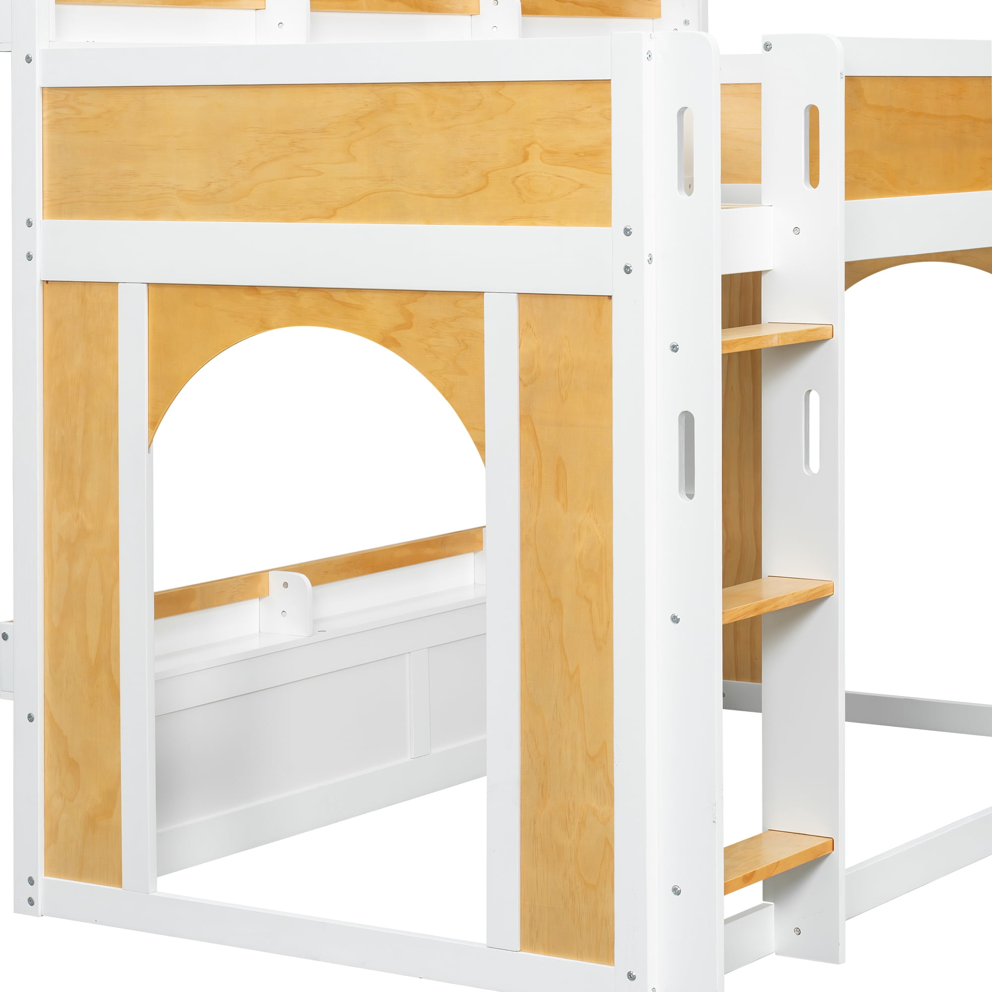Euroco Wood Twin over Twin Bunk Bed with Storage Shelves, House Shaped Design Loft Bed, White & Natural