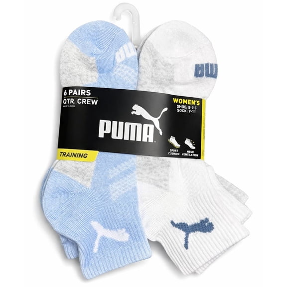 PUMA SOCKS WOMEN'S - QUARTER 263 - EVEN LIGHT BLUE WHITE- SHOE SZ 5-9.5 - PACK 6