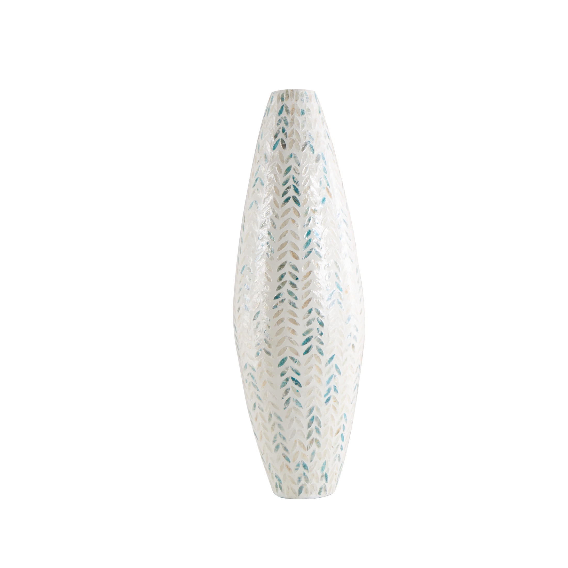 DecMode 33" Leaf Handmade Tall Mosaic Cream Mother of Pearl Shell Vase with Blue Accents