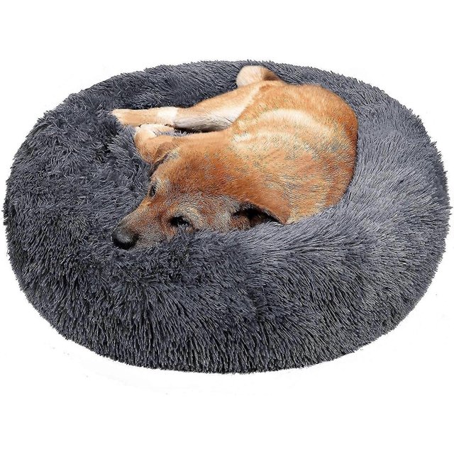 Cesta redonda para perro, cojín para gato, cesta tipo donut, cama extra suave, acogedora y bonita, cojín, 50 cm, gris oscuro