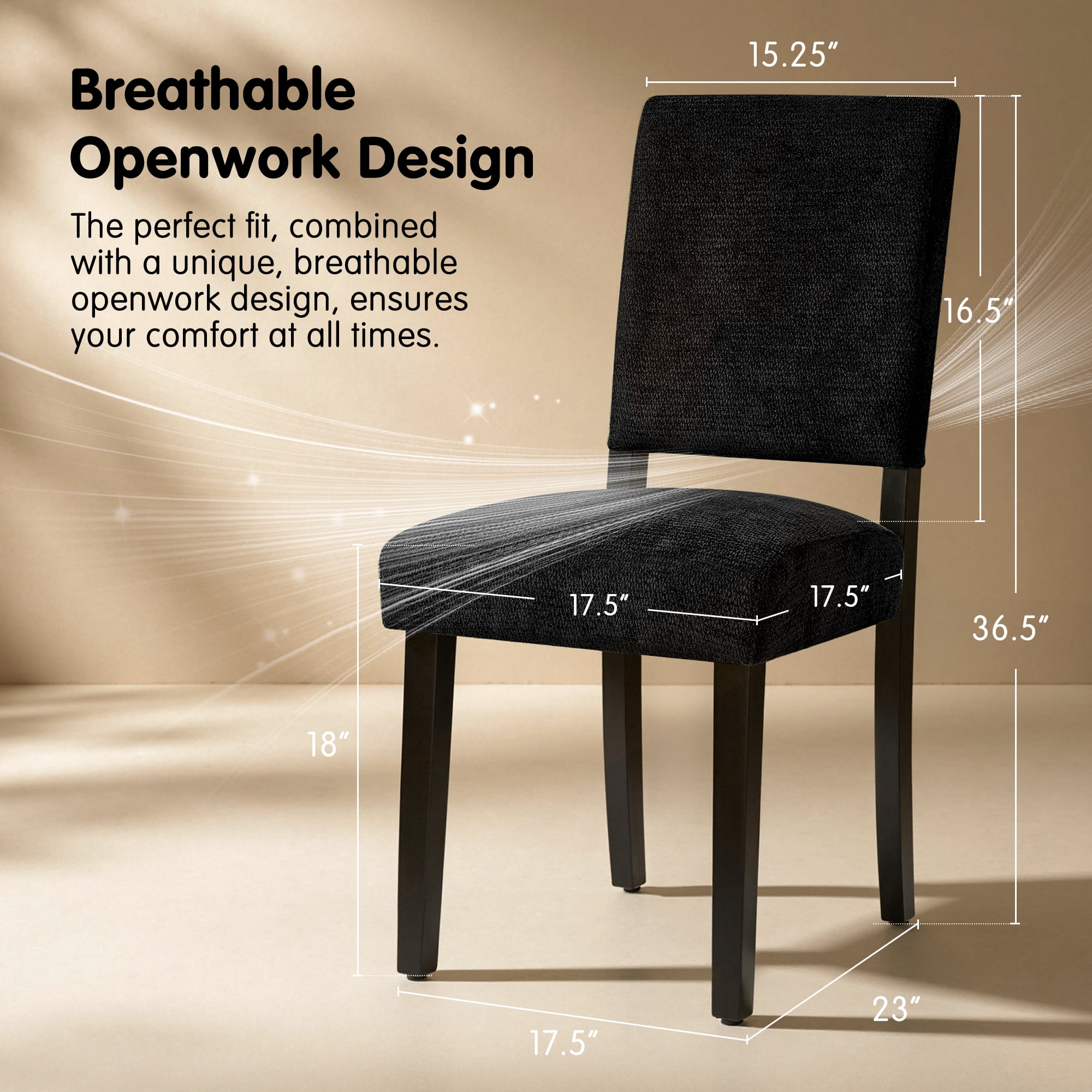 CHUN YI Chenille Upholstered Dining Chairs Set of 2, Open Back Kitchen Dining Room Chairs with Solid Rubberwood Frame, French Country Style, Black