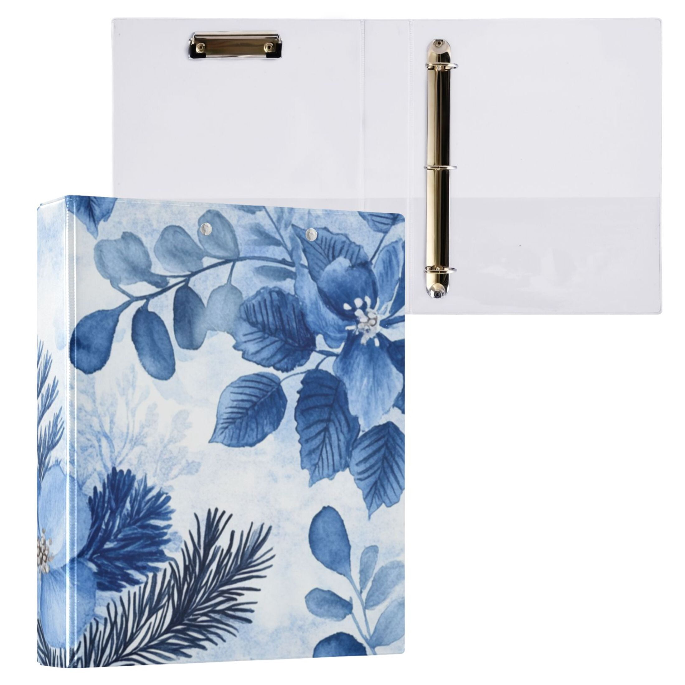 Blue Flowers and Leaves 3 Ring Binders 1.5 inch Hardcover File Folders with Interior Pockets A4 Size Organizer for School Office Hospital