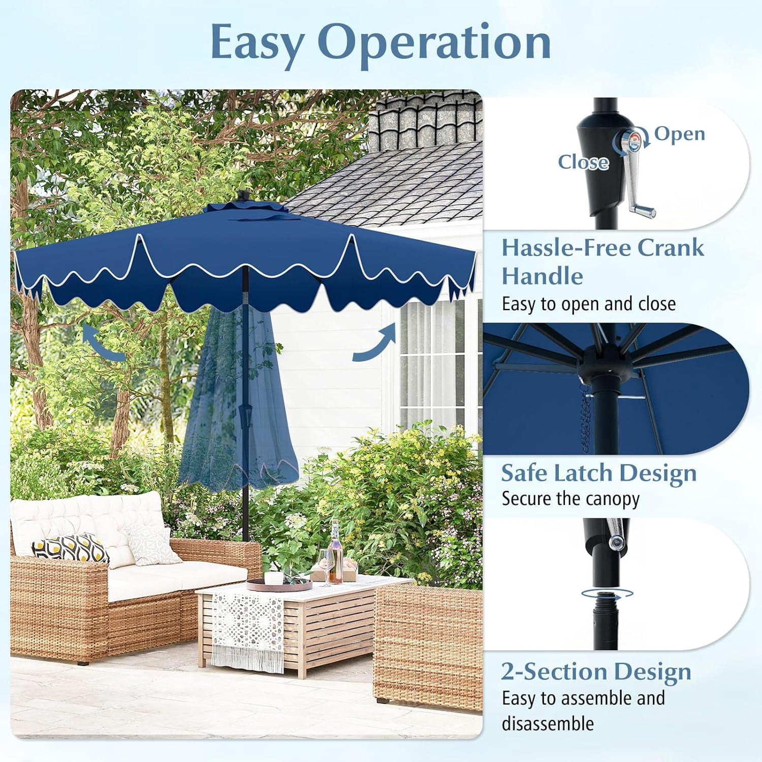 CHTER 9Ft Patio Umbrella with Crank, 2-Tier Outdoor Umbrella with Push Button Tilt, Sun-Protective Canopy, 8 Ribs, Scalloped Patio Umbrella for Outdoor Beach Deck Pool Table (Blue)