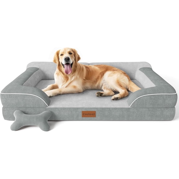Extra Large Dog Bed, Dog Bed with Cooling Gel Memory Foam, Waterproof XL Pet Bed with Removable Washable Cover, 42" Pet Sofa Couch Dutch Velvet with Bone Toy, Light Gray