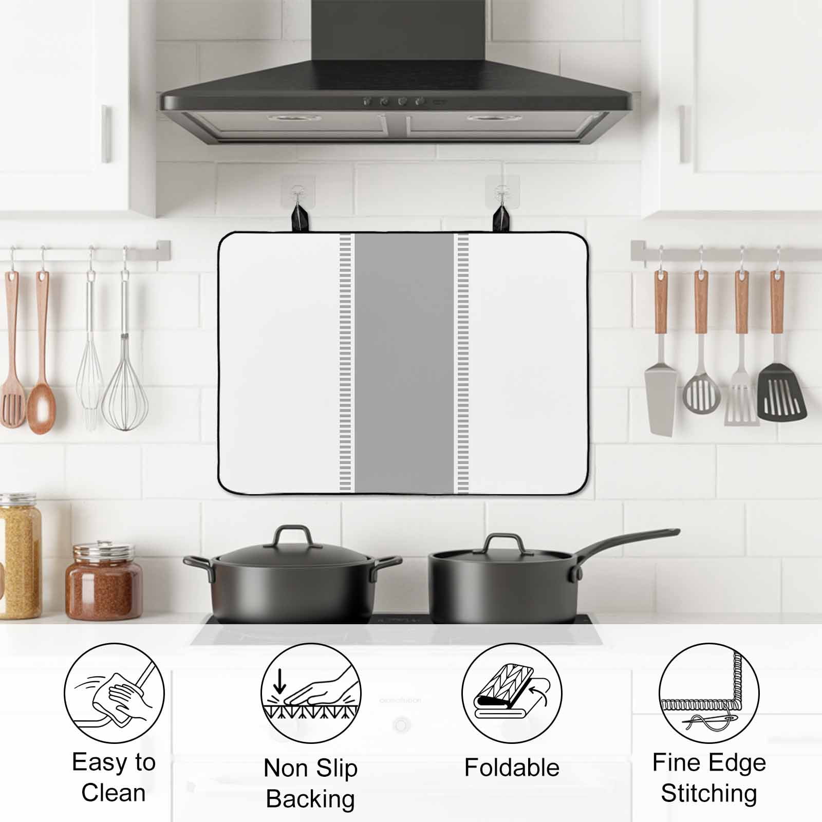 Gray Solid Color Texture Stove Top Cover for Electric Stove, Heat-proof & Non Slip Glass Top Stove Cover Protector, Simple Grey Stripes Kitchen Flat Cooktop Rubber Mat 24x21 Inches