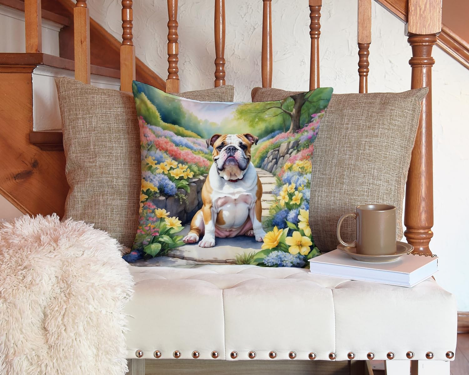 English Bulldog Spring Path Throw Pillow 14 in x 14 in