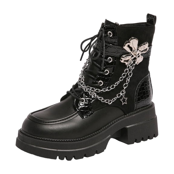 Dasayo Black Boots Women Motorcycle Chunky Ankle Round Toe Fashion Lace up Faux Leather Boots Shoes for Women 36