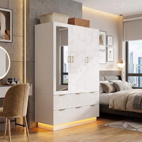 PakaLife Modern 70" Tall 3Door Modern Armoire Wardrobe Closet with Mirror, 6Drawer, LED Lights, Hanging Rod, White