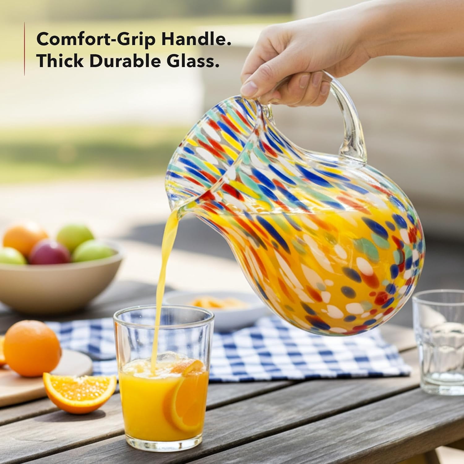 OVENTE Hand Blown Margarita Glass Pitcher with 2.5 Liter (84Oz) Capacity, Confetti Design and Sturdy Handle, Vibrant Beverage Carafe for House Party, Festivity and Family Gathering, Multicolor MGP84M