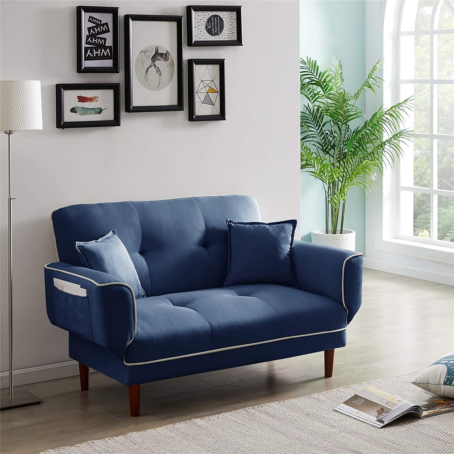 Small Couch for Small Spaces Grey Velvet Loveseat Sofa Bed with Storage Pocket and 2 Throw Pillows SURFLINE Pull Out Couch Sleeper Sofa Bed Loveseat Sleeper with Memory Foam Mattress Twin
