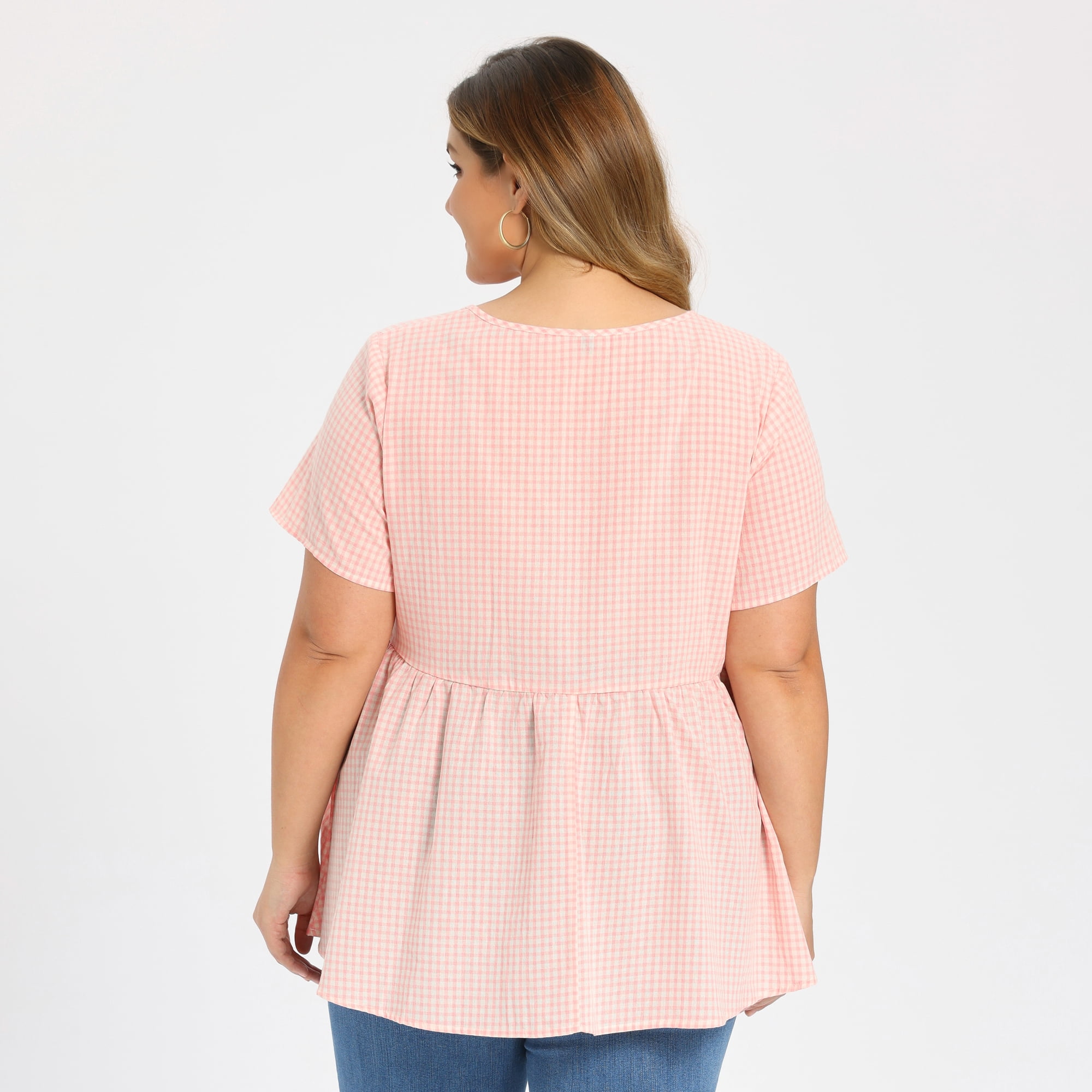 DARING DIVA Women's Plus Gingham Tops Plaid Notch Neck Blouse 3X Light Pink
