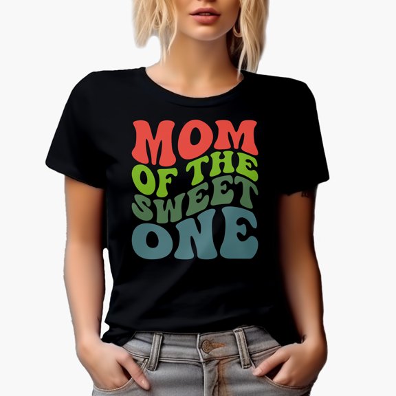 Mom of the Sweet One, Mother of Kind Son or Daughter Quote, Groovy Retro Wavy Text Merch Gift, Black T-Shirt, Small