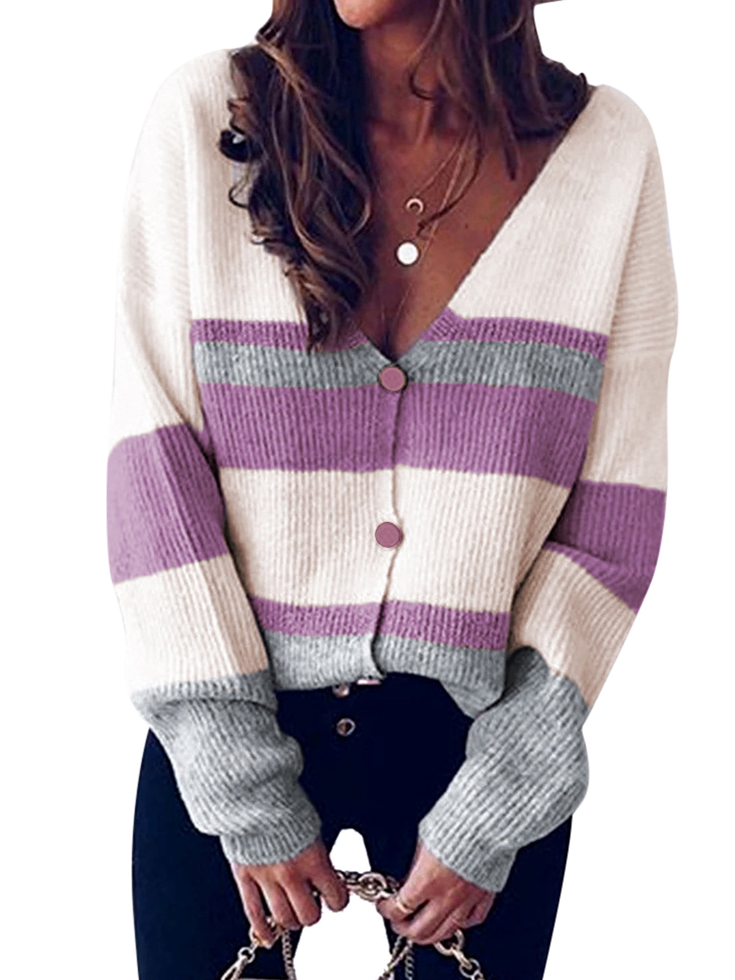 Women Color Block Long Sleeve Casual Loose Pullover Stripe Knitted Sweater V Neck Oversized Knit Tops