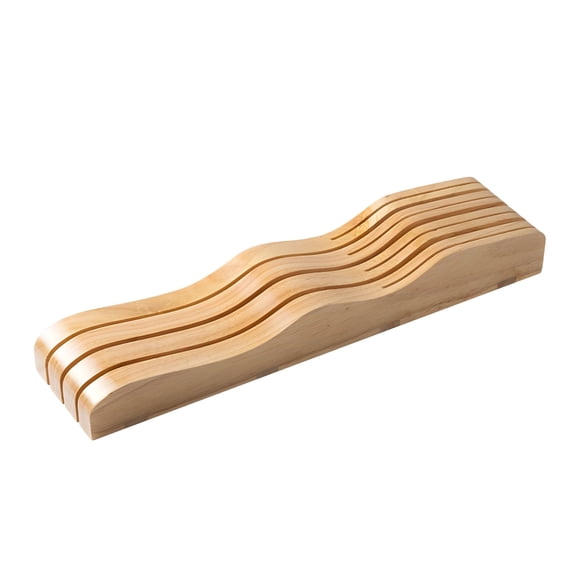 Horizontal Oak Knife Holder – 4‑Slot Wooden Knife Rack for Kitchen Counter or Drawer, Space‑Saving, Elegant Wavy Design, Natural Solid Oak