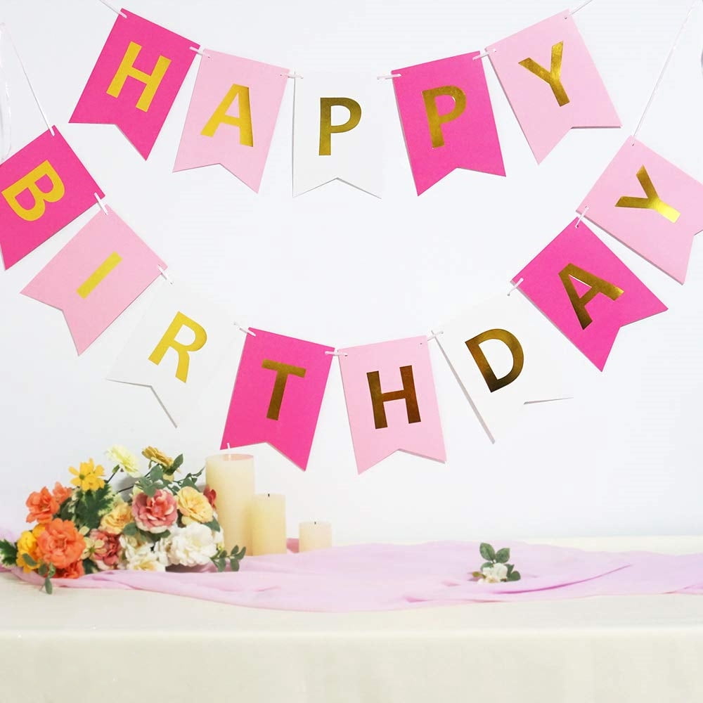 Bannière Joyeux Anniversaire Rose Pré-enfilée - Déco De Fête Kawaii Avec Motifs Gâteau, Cœur, Arc-en-ciel - Pour Fille