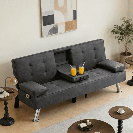 Gewnee 65.35 Inch Modern Futon Sofa,Sleeper Sofa with Cup Holders,Adjustable Backrest and Storage Side Pocket,Suitable for Small Space and Offices.Dark Grey