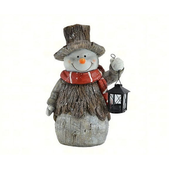Mark Feldstein & Associates Woodsy Snowman with Lantern LED Light Up 17 Inch Resin Stone Door Greeter Figurine