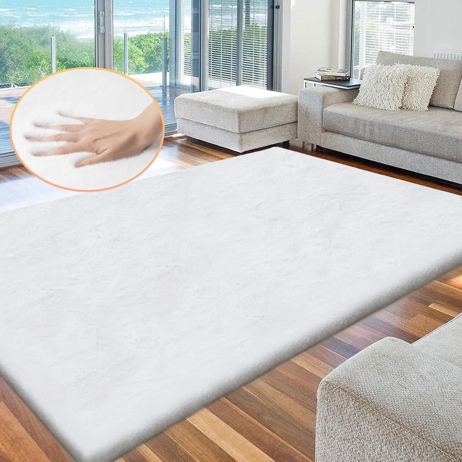 ORINOVA White Fluffy Living Room Rugs 6x9 Area Rug Washable Shag Rugs For Bedroom Faux Rabbit Fur Nursery Rug Rectangle Rug