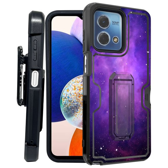 ANJ  Rugged Shockproof Kickstand Hybrid Case with Card Slot and Holster   Tempered Glass Cover for Motorola Moto G Stylus 5G (2023) - Purple Starry Sky