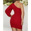 thumbnail image 4 of Women One Shoulder Ruched Bodycon Mini Dress Puff Long Sleeve 2023 Spring Summer Club Party Cocktail Short Dresses, 4 of 14