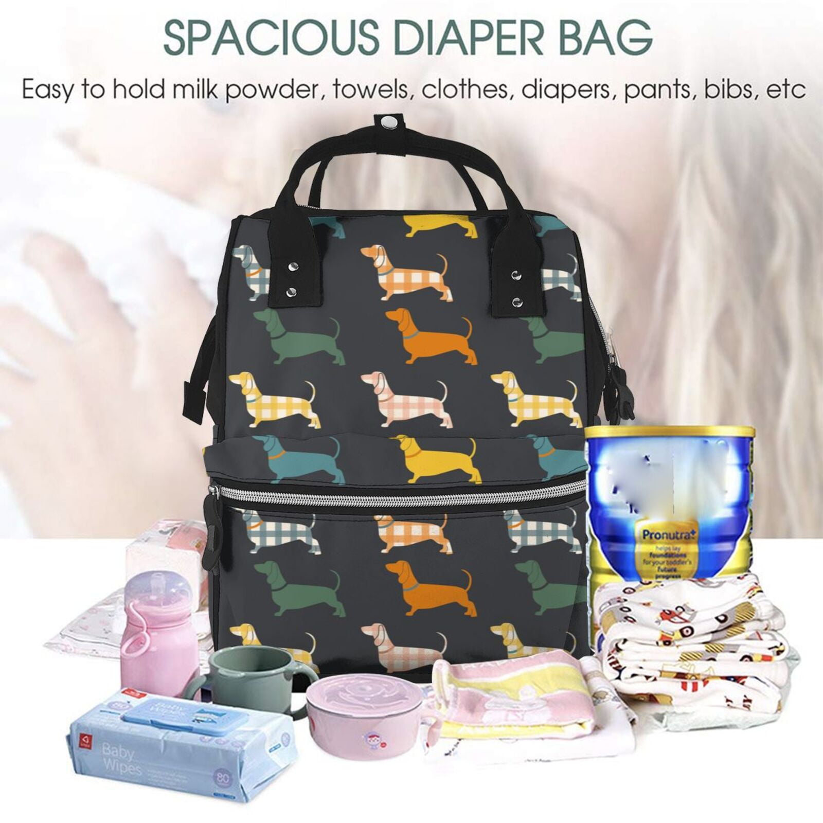 Ratiio Plaid Dachshund Mummy Backpack - Waterproof Twill Canvas, Large Capacity Diaper Bag with Multiple Pockets and Adjustable Straps