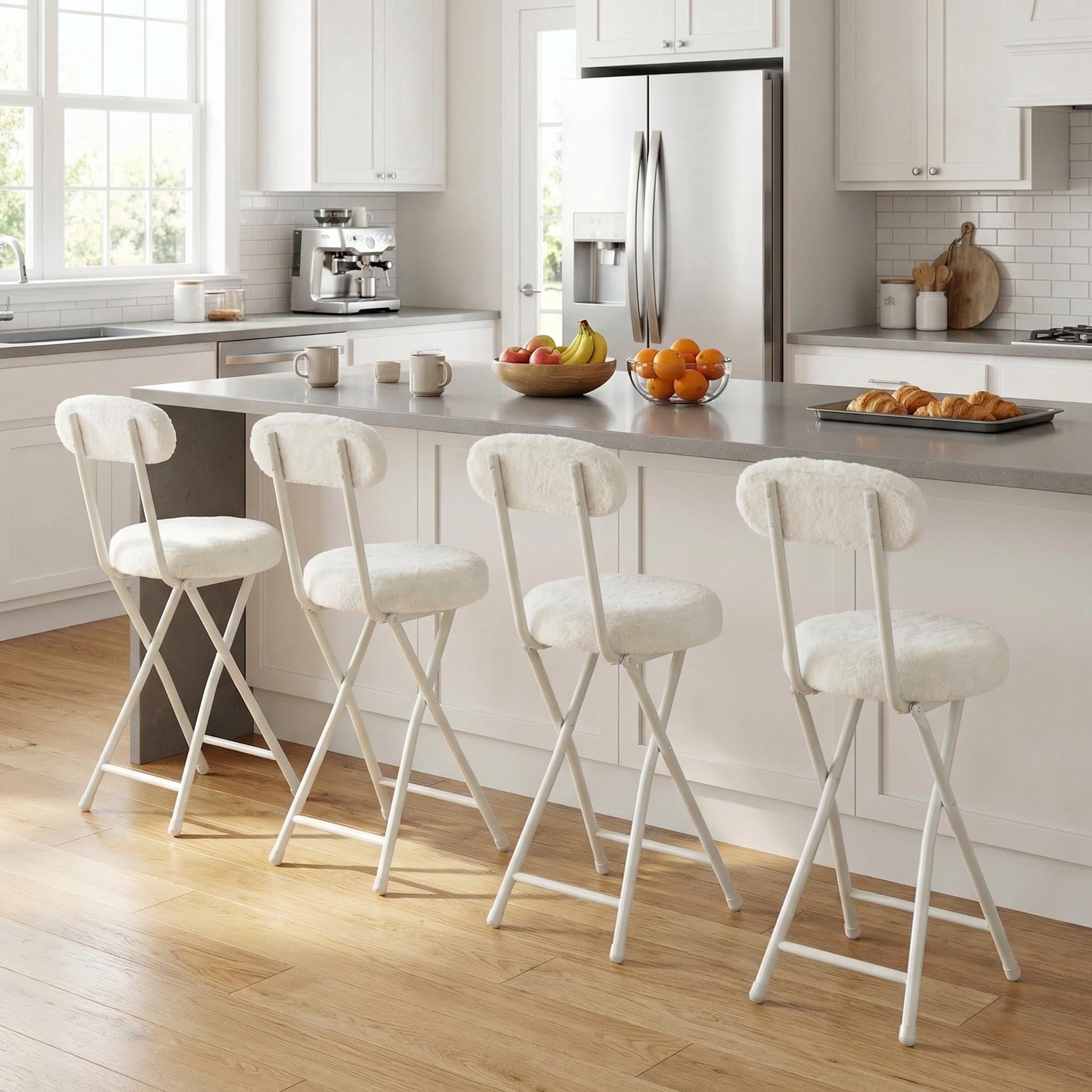 Homy Casa Folding Vanity Chairs Set of 4, Faux Fur Makeup Chairs for Small Spaces, Beige