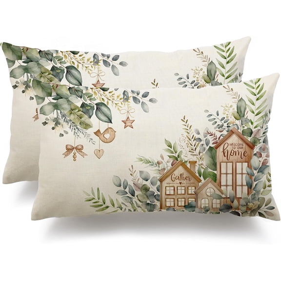 Farmhouse Pillow Covers 12x20 Inch Set of 2 Spring Eucalyptus Leaves House Decorative White Throw Pillows Farmhouse Pillowcase Decor for Outdoor Couch Chair Home Couch