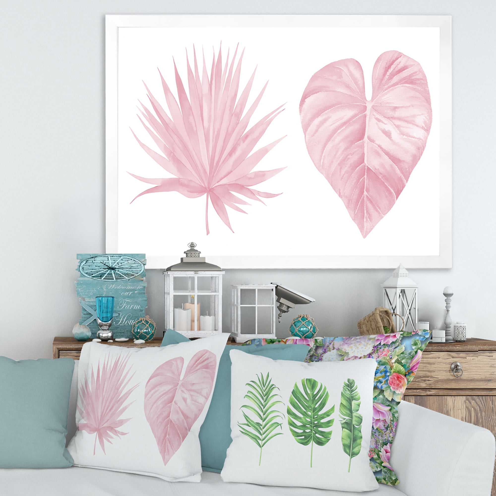 Designart 'Tropical Pink Watercolour Leaves On White II' Shabby Chic Framed Art Print