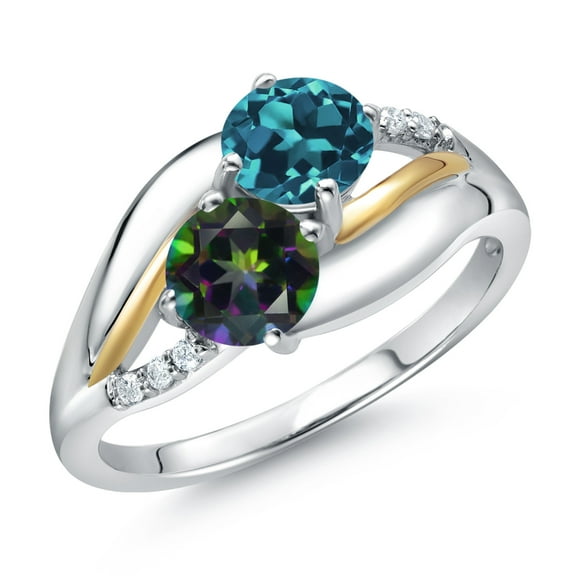 Gem Stone King 925 Sterling Silver and 10K Yellow Gold Green Mystic Topaz London Blue Topaz and White Lab Grown Diamond 2 Stone Engagement Ring for Women (1.29 Cttw, Round 5MM, , Size 8)