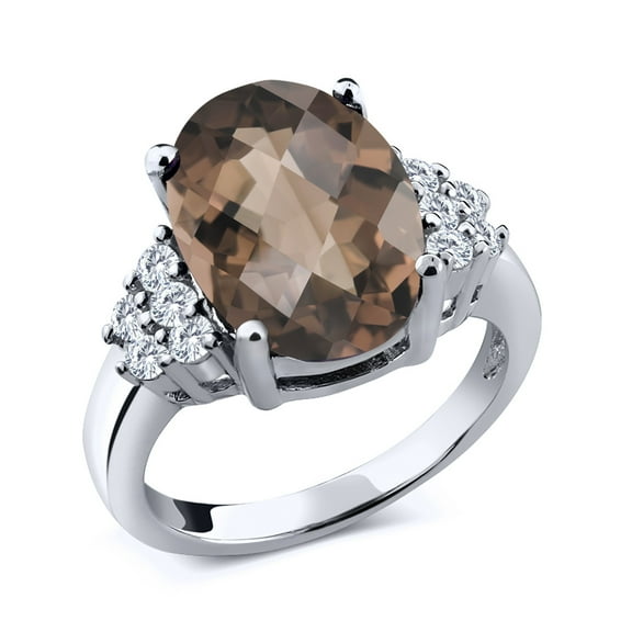 Gem Stone King 925 Sterling Silver Ring Oval Checkerboard Brown Smoky Quartz and Moissanite (5.18 Cttw, Size 7)