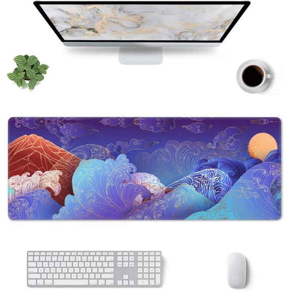 Large Gaming Mouse Pad XL, Japanese Waves and Mountain Full Desk Mousepad with Stitched, Non-Slip Base Keyboard Pad, PC Laptop Computer Mat Gifts for Women Office, (Purple, 31.5 * 11.8 in)