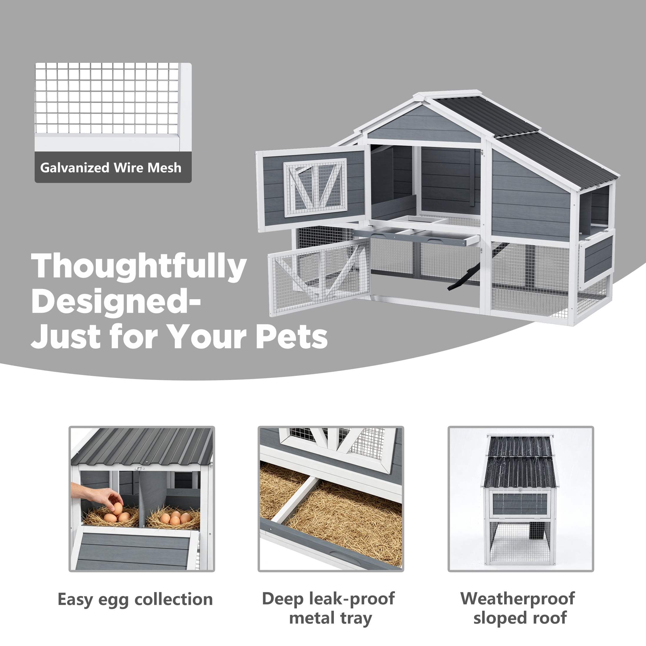Outdoor 2 Story Duck Coop with 4 Nesting Boxes, Predator Proof Duck House for 4-6 Ducks, 66.2",White & Gray